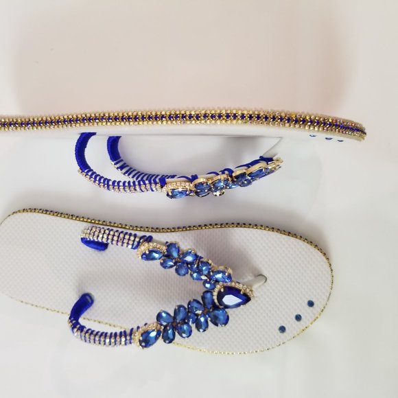 Luxury flip flops with crystals and rhinestones..White and Blue - Picture 6 of 16